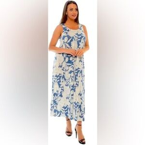 Shoreline Blue & White Hawaiian Floral Puff Print Stretch Maxi Tank Dress L